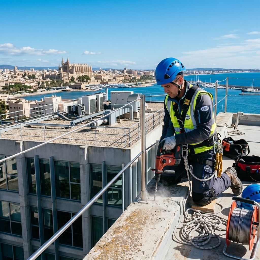 Técnico de trabajos verticales en una fachada de Palma